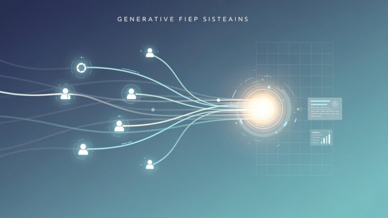 Abstrakcyjna wizualizacja silnika generatywnego laczacego zrodla w jedna odpowiedz, koncept GEO generative engine optimization