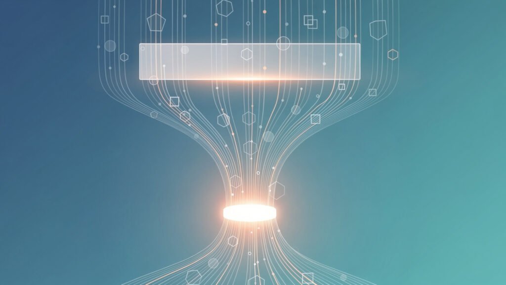 Abstrakcyjna wizualizacja działania Google AI Mode: jedno zapytanie rozgałęzia się na wiele równoległych strumieni danych łączących się w jedną odpowiedź