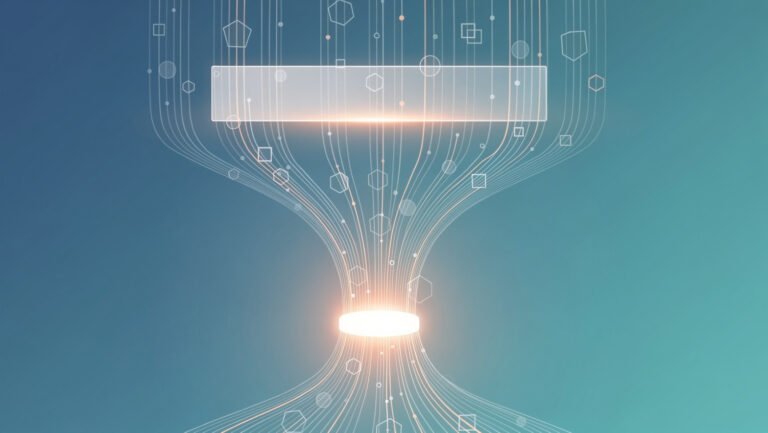 Abstrakcyjna wizualizacja działania Google AI Mode: jedno zapytanie rozgałęzia się na wiele równoległych strumieni danych łączących się w jedną odpowiedź